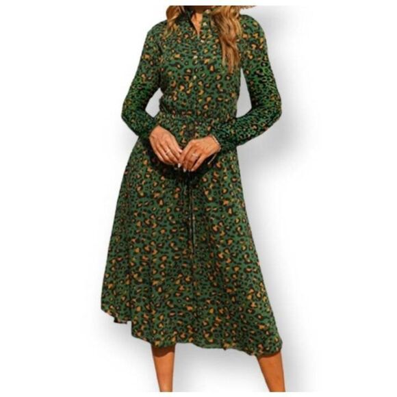 KIRUNDO GREEN LONG SLEEVE LEOPARD PRINT SHIRT DRESS SZ. L NWT. - Picture 1 of 12